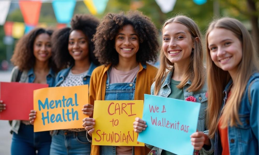 Diverse students celebrating mental health awareness
