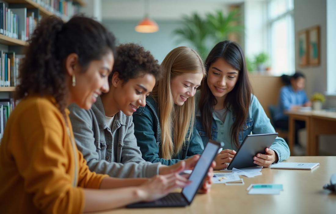 Diverse students using mental health technology and resources