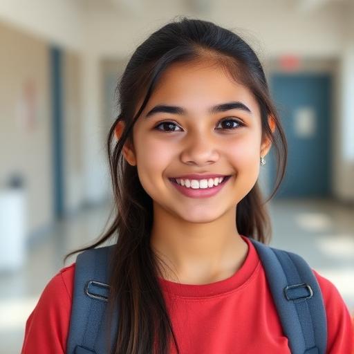 Hispanic teenage girl smiling, individual school portrait